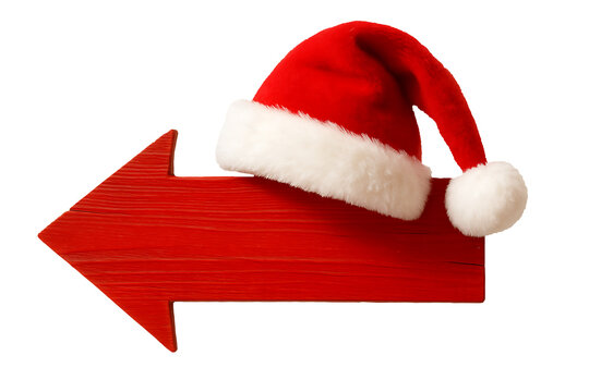 A bright red wooden arrow sign pointing to the left, adorned with a santa claus hat, symbolizing christmas direction, promotion, or a holiday announcement isolated on transparent background - Powered by Adobe