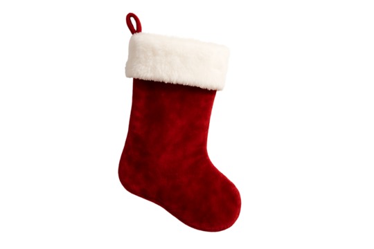 A textured red velvet christmas stocking with a wide white furry cuff and hanging loop, awaiting small gifts and treats from santa claus, isolated on transparent background - Powered by Adobe
