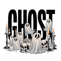halloween ghost cartoon , Halloween ghost design with skulls and burning candles, gothic vector, tshirt design