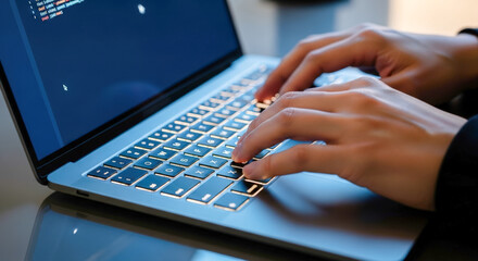 Person hands typing on laptop keyboard with code on screen for concept of programming, software development, or cybersecurity