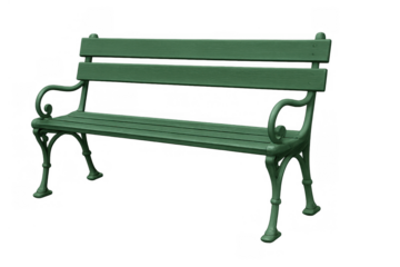 Green park bench with iron frame representing relaxation, outdoor seating, and urban furniture, on transparent background