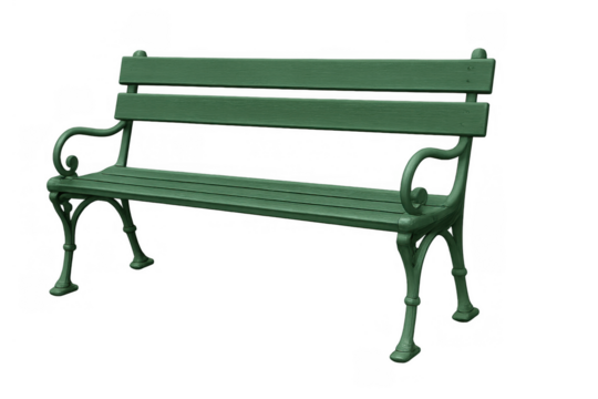 Green park bench with iron frame representing relaxation, outdoor seating, and urban furniture, on transparent background