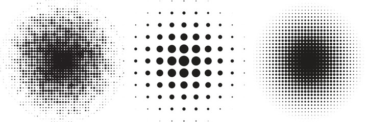 Halftone gradient set. Dotted textured round and square patterns. Cartoon faded background collection. Pixelated bitmap element pack for frame, poster, collage, banner. Vector comic bundle