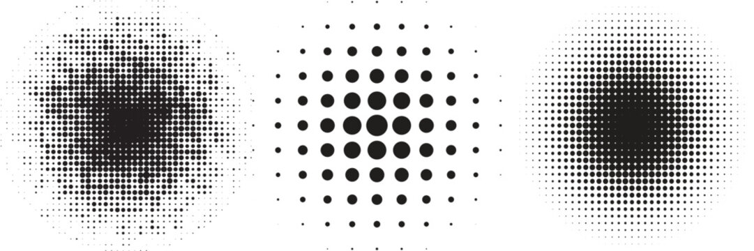 Halftone gradient set. Dotted textured round and square patterns. Cartoon faded background collection. Pixelated bitmap element pack for frame, poster, collage, banner. Vector comic bundle