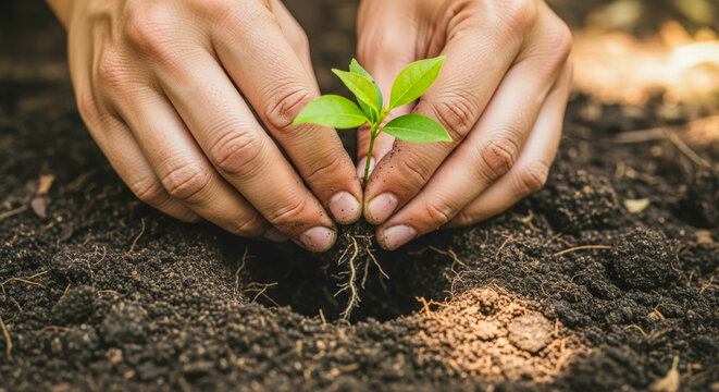 Hands planting small green seedling in soil for concept of new life, growth, environment, or sustainable farming - Powered by Adobe