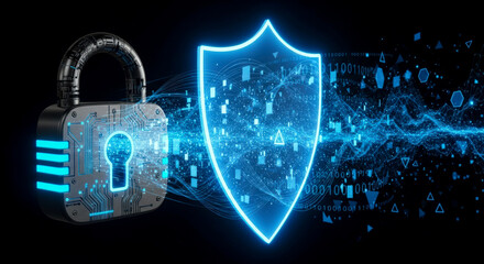 Cybersecurity concept with glowing shield and padlock for data protection, privacy, and internet security