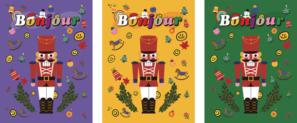 Bonjour Nutcracker Christmas Poster Set — Cute Holiday Vector with Smiley Icons, Rocking Horse, Holly & Ornaments (EPS) © jiyoung