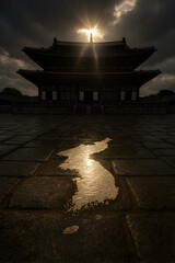 Geunjeongjeon Hall of Gyeongbokgung Palace, bathed in sunlight in the shape of a map of the Korea	