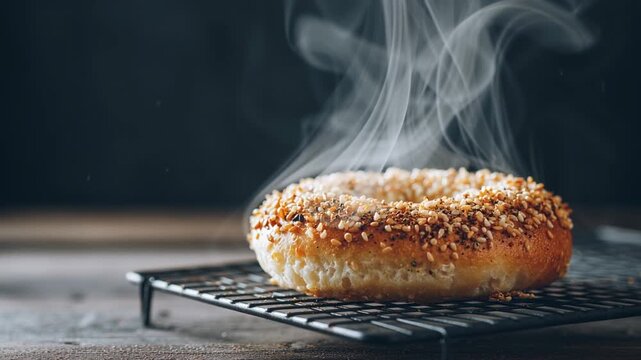 Toasted bagel resting on a cooling rack, steam rising, showcasing texture and warmth, camera gradually zooms in to highlight details and ambiance of the scene