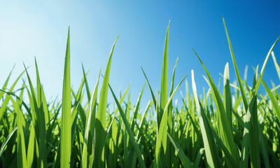 Fototapeta premium A Worm's-Eye View of Summer: Tall, Green Blades of Grass Against a Clear Blue Sky