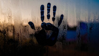 Human handprint appears clearly on a steamy wet glass window, surrounded by soft blue hues and misty condensation, evoking feelings of warmth, mystery, emotion, isolation, and quiet human presence.