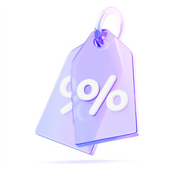 3d glass holographic transparent sale labels on ring, discount price tags render icon. Banners with special offer, percent off. Purple plastic gift card, neon gradient promotion badge. 3D illustration