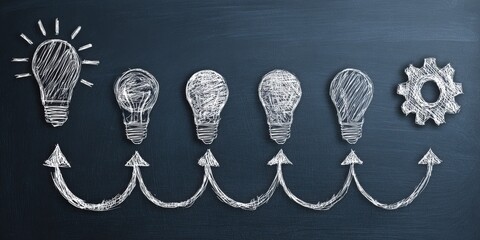 Idea development process with light bulbs and gear
