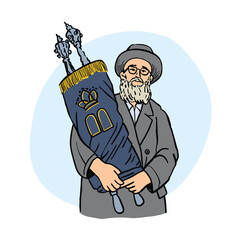 Man carries Torah scroll in a blue case with golden embroidery.
