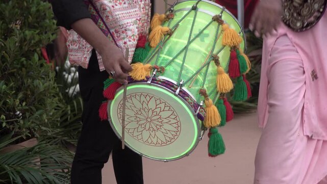 Indian Dhak dhol or special indian drum performing.	