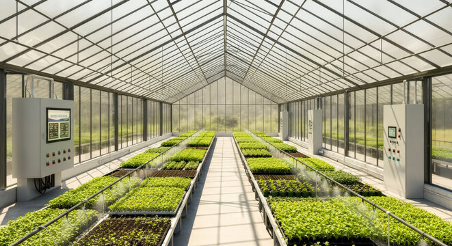 Modern smart greenhouse with control panels and automated irrigation for concept of agriculture technology, or sustainable farming - Powered by Adobe