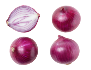 Four whole and halved vibrant red onions