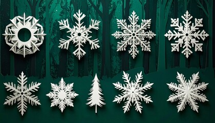 White Paper Snowflakes and Pine Tree on Green Forest Background
