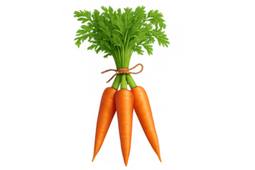 Fresh organic carrots bunch with green tops tied together, representing healthy eating and vegan diet, transparent background