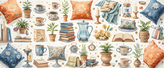 Cozy home decor arrangement with pillows, books, plants, and tea cups evokes warmth and relaxation perfect for lifestyle and interior design