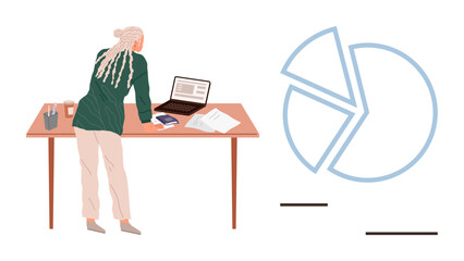 Woman leaning over desk with laptop, documents, and stationery, reviewing data pie chart illustration nearby. Ideal for work, analysis, planning, research, productivity business strategy simple