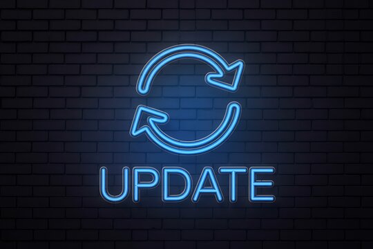 Blue neon update sign with refresh arrows on brick wall - Powered by Adobe
