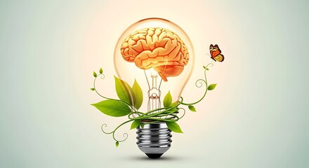 A creative image of a light bulb with a human brain inside show balances scientific symbolism with ecological beauty, all set against a light, calming background
