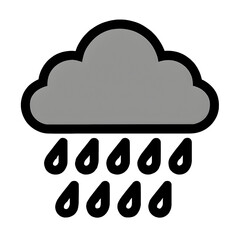 Minimalist weather icon depicting a grey cloud with numerous falling water drops, representing rain or a rainy forecast