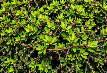 Obraz premium Dense, thorny bush with vibrant green leaves and small, prickly branches, thicket, flora