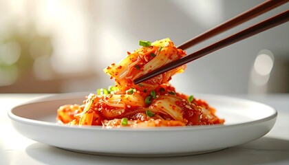 Chopsticks lifting Korean kimchi above white plate, minimalist food composition for modern culinary advertising