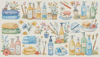 Charming watercolor collection of bath essentials and floral accents, evoking natural spa tranquility and self-care moments.