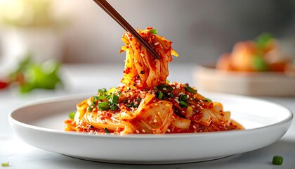 Chopsticks lifting Korean kimchi above white plate, minimalist food composition for modern culinary advertising
