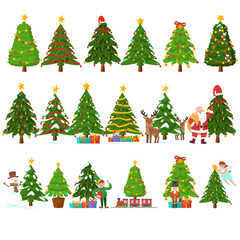 A big set of Christmas Tree illustrations featuring festive pine trees decorated with stars, ornaments, candy canes, ribbons, and lights, designed in a colorful cartoon style on a white background