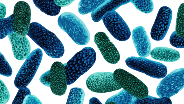 Microscopic, vibrant blue-green bacteria