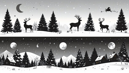 Enchanting winter landscapes with deer and Santa create a magical holiday scene, perfect for festive designs and snowy season greetings