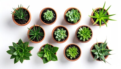 Twelve Small Succulent Plants in Terracotta Pots Arranged in Rows on a White Background