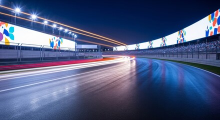 Night race track with light trails and illuminated billboards