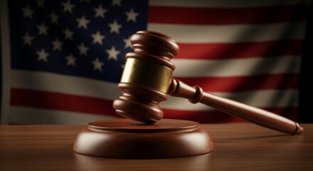Gavel on wooden base with blurred american flag in background symbolizing justice