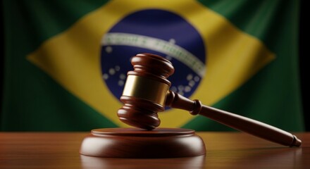 Wooden gavel on desk with brazil flag in background