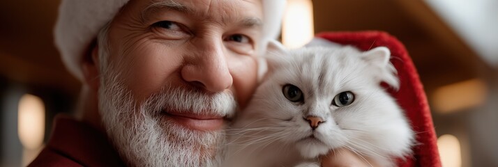 Elderly caucasian man in santa hat holding fluffy cat during holiday season