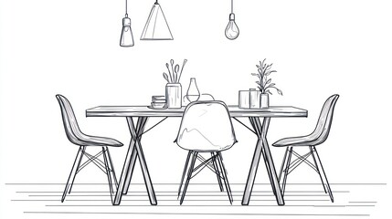 Dining Room Sketch, Modern Design, Interior Scene, Background, Illustration, Stock Photo