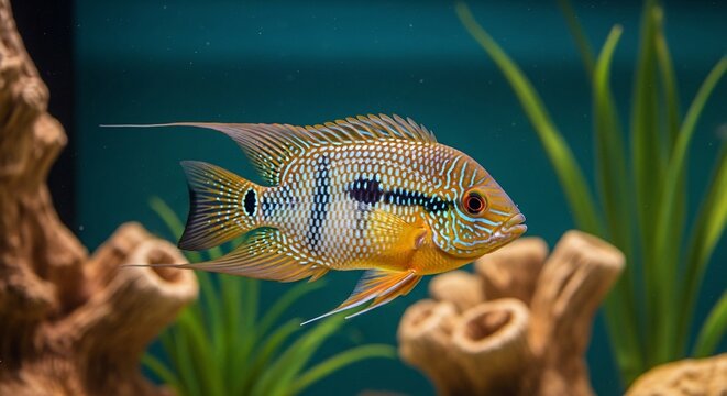 Severum Cichlid Fish in Aquarium - Colorful Scales, Aquatic Plant Life, and Decorative Wood.