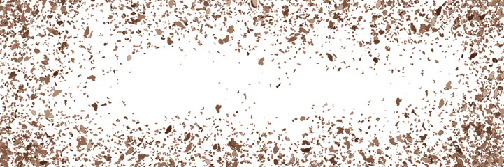 Chocolate crumbs top view on white bg. Brown cookie pieces or crunches on the table surface. Scattered broken crushed coffee beans isolated on white. Vector illustration.