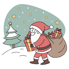 Santa claus carrying gifts in a sack near a christmas tree with stars in a snowy winter scene