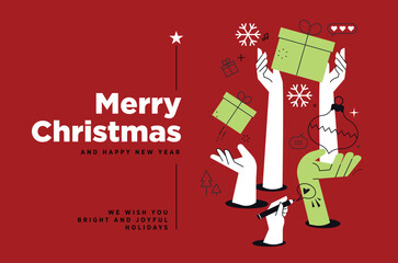 Cheerful holiday vector illustration of hands exchanging festive gifts, snowflakes, ornaments, perfect for Christmas and New Year greetings and seasonal celebrations