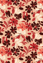 Abstract solid vector textile design, arrangement with monochrome medium silhouette hibiscus flowers, all-over seamless pattern with red tone color illustration, digital image printing factory