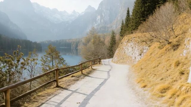 A path runs along the side of a lake, with a fence separating the road from the water. The scene is peaceful and serene, with the water reflecting the surrounding trees and mountains