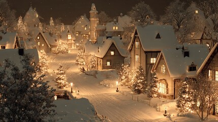 Christmas street with houses decorated with lights and garlands in snowy weather