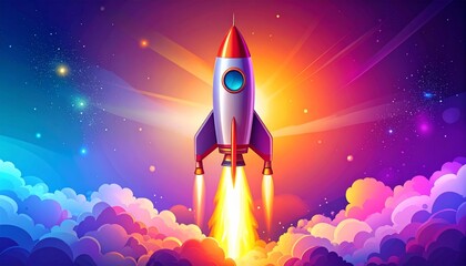 Fototapeta premium A colorful cartoon rocket spaceship is flying through the night sky past the moon and stars on an exploration science travel mission, available as a vector illustration