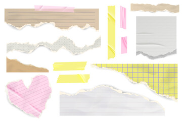 Torn paper of notebook sheet. Piece of page vector illustrations on white background. Cut out pink heart shape for scrapbooking and template design. Realistic grunge rough stickers